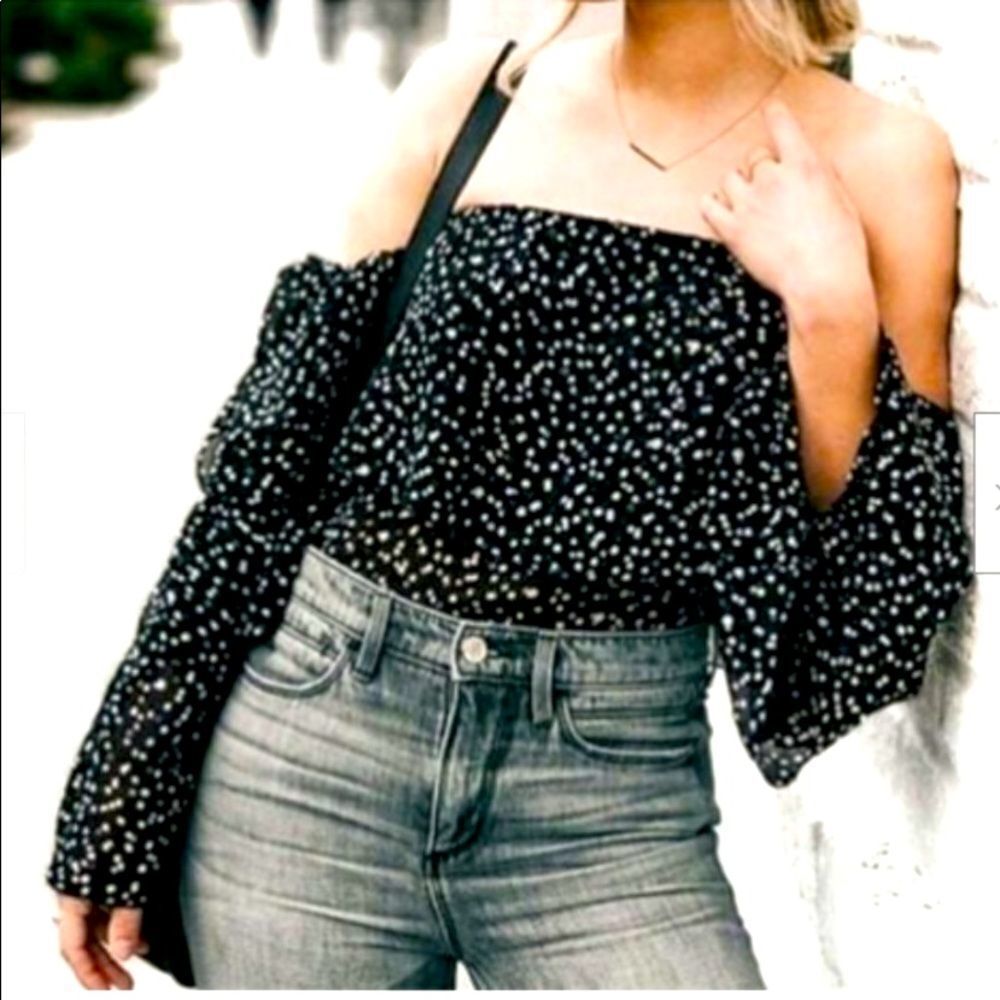 bebe Polka Dot Crop Off The Shoulder Top